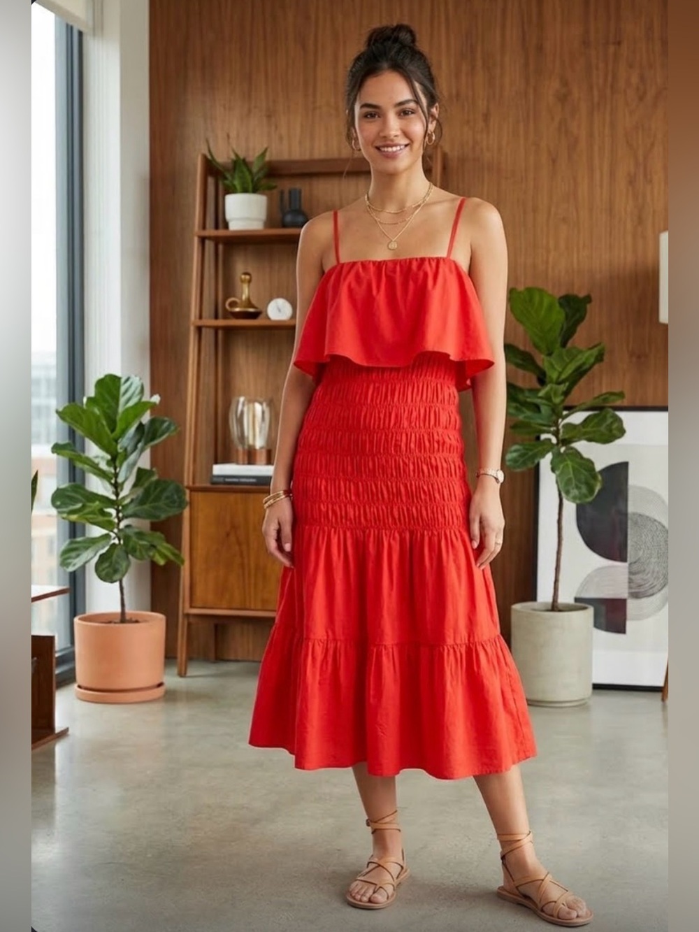 Red Smocked Ruffle Summer Dress  Future collective NWT